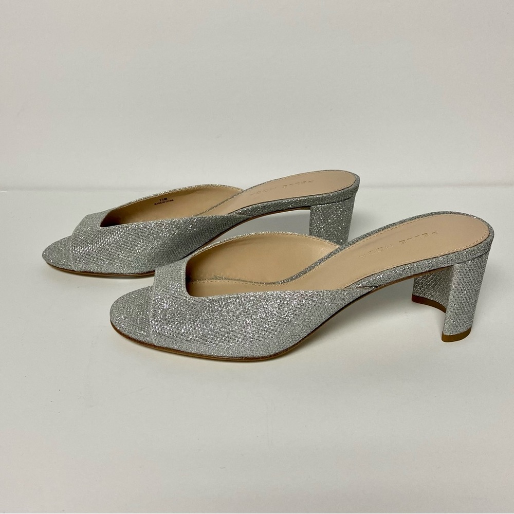 Pelle Moda Women Silver Glitter Open-Toe Mule Sandals Block Heels Size 7.5